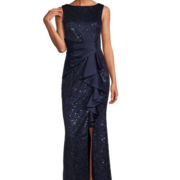Eliza J Navy Blue Sequin Ruffle Sleeveless Lace Gown